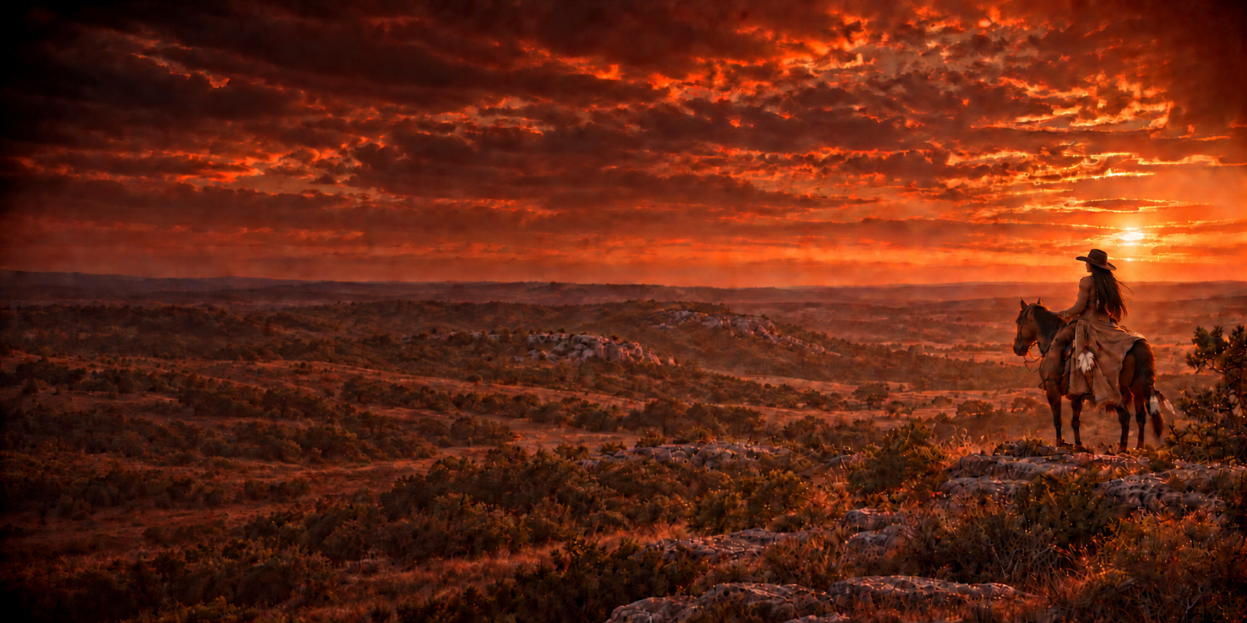 Lilith holding the reins on horseback in Texas limestone hills at sunset
